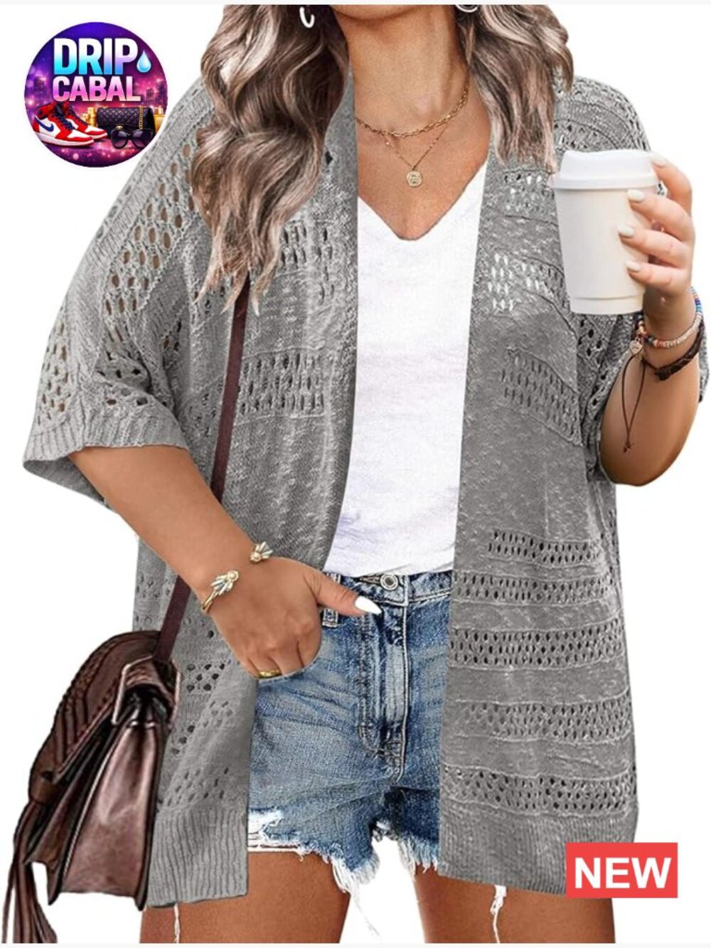 Plus Size Lightweight Crochet Cardigan Short Sleeve Kimono Open Front Knit